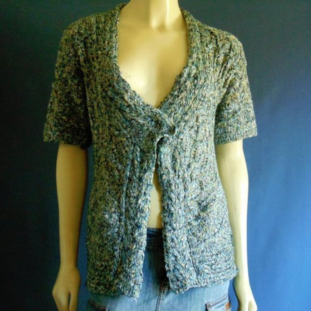 Moth Anthropologie Green Multi Short Sleeve Cable Cotton Blend Cardigan M